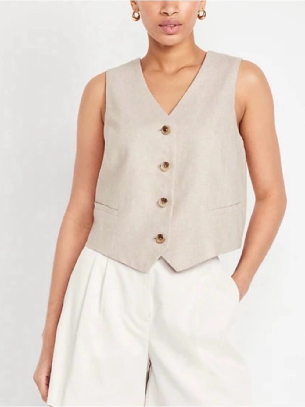 Old Navy Light Beige Button-Up V-Neck Vest